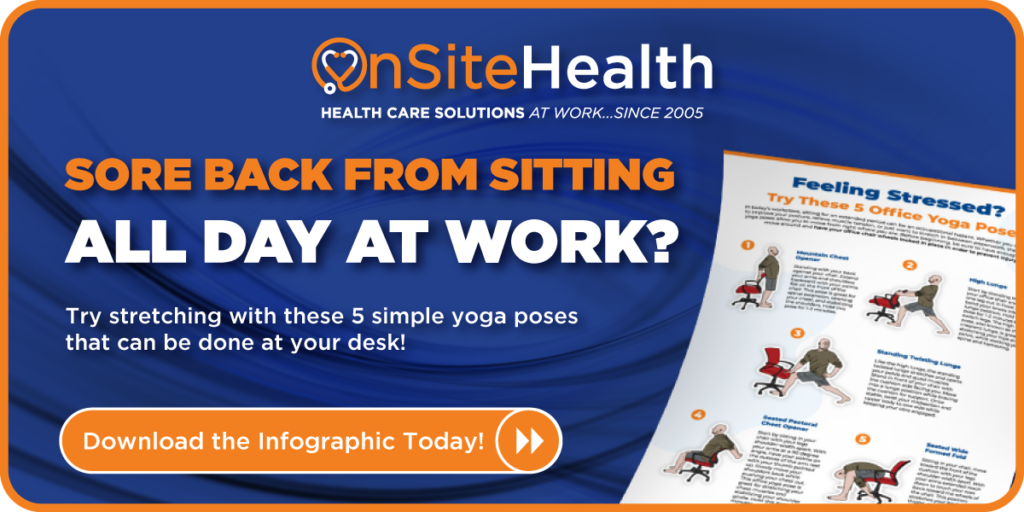 Sore back from sitting at work? Try these yoga poses. Download the infographic today.