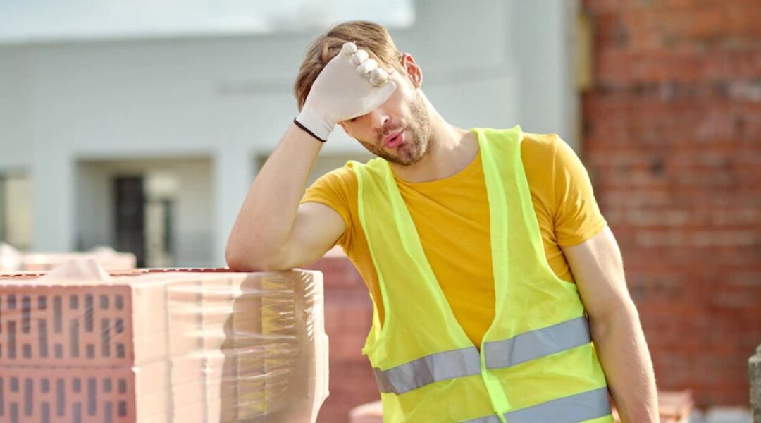 construction worker wiping his forehead while leaning on stack of bricks