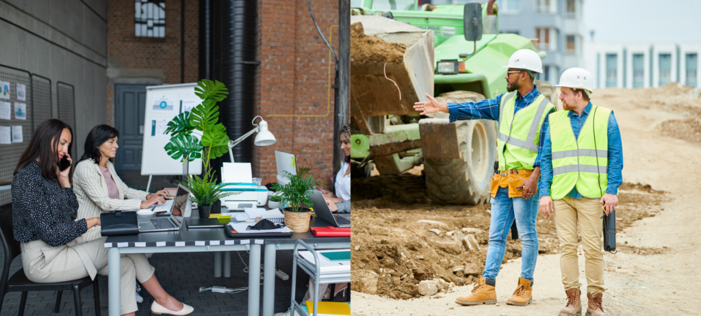 split image of an office and a construction site