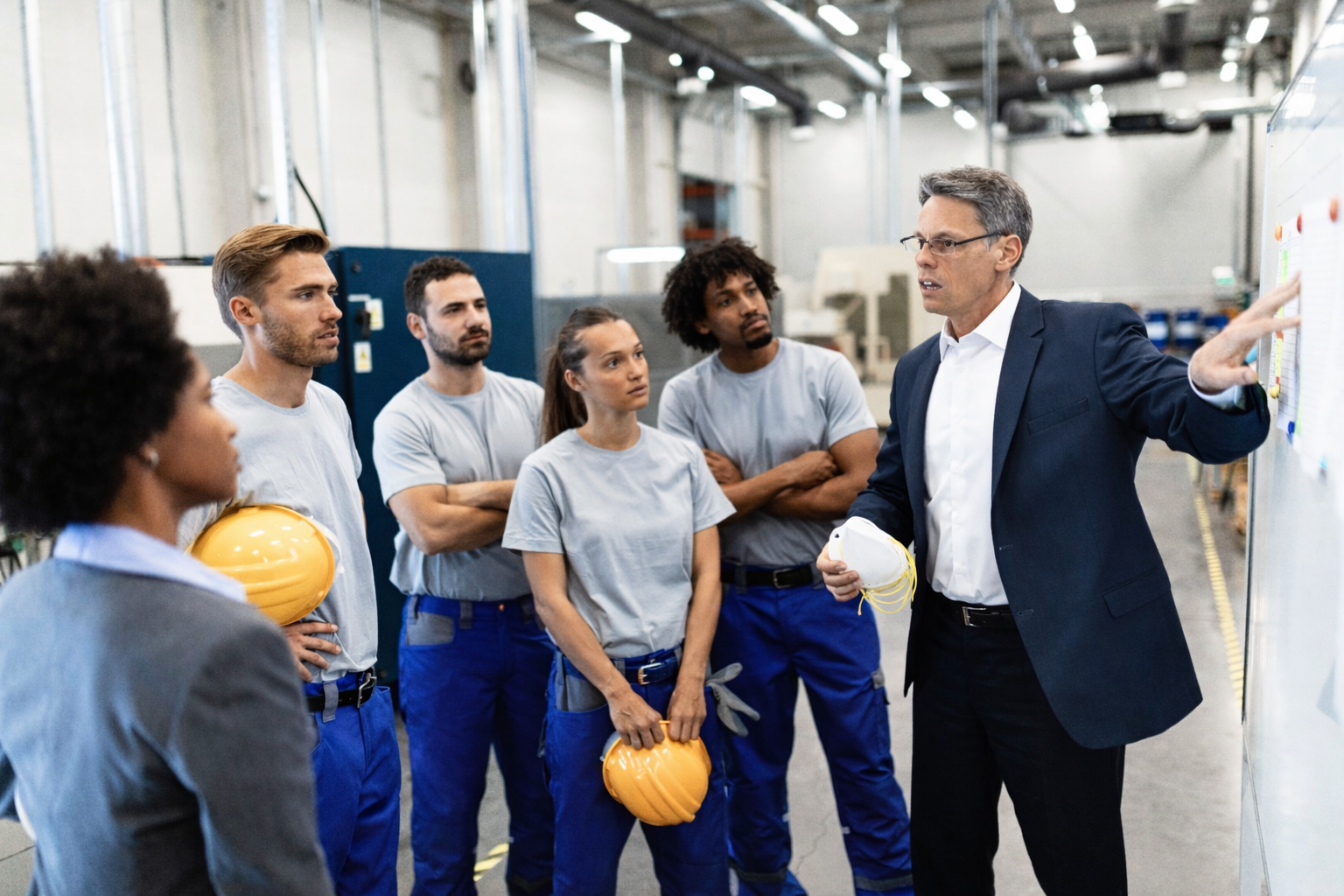 ChatGPT Image Feb 17 2026 02_02_09 PM • OnSite Health group of warehous eworkers holding theri hard helmets circled around manager who is wearing a suit nd holding an N95 mask