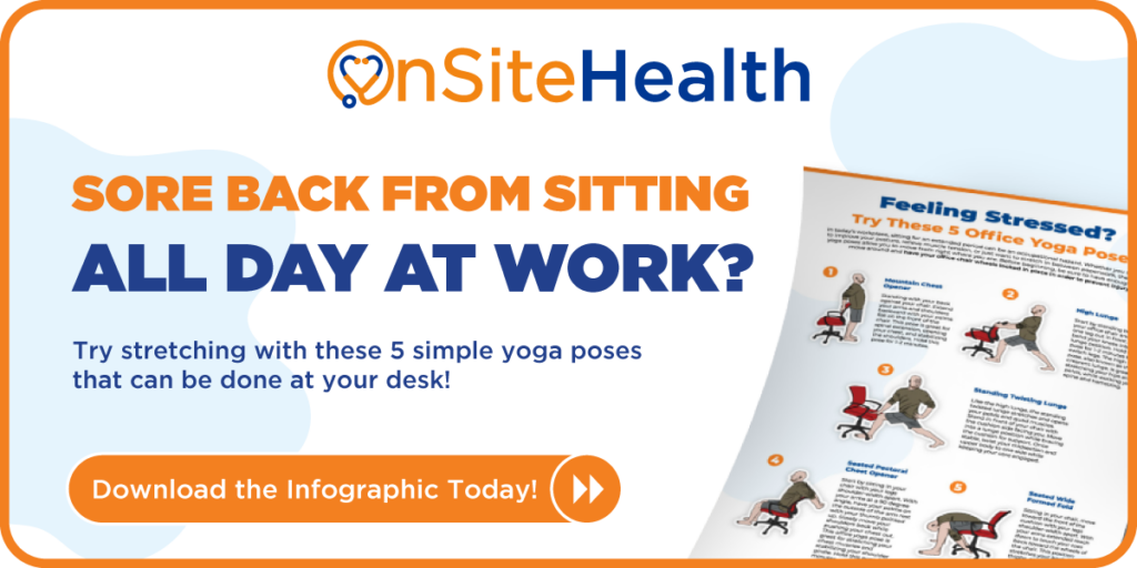 Sore back from sitting all day at work? Try stretching with these 5 simple yoga poses that can be done at your desk! Download your infographic today.