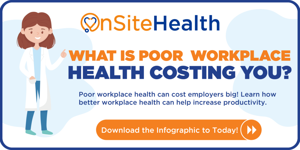 OnSiteHealth banner featuring a doctor illustration and bold orange and blue text asking 'What is poor workplace health costing you?'; subheading about downloadable infographic.