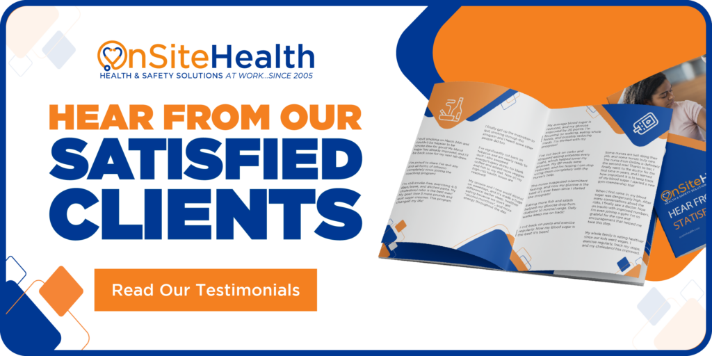 OnSiteHealth hero banner with logo and the headline 'HEAR FROM OUR SATISFIED CUSTOMERS' plus a 'Read Our Testimonials' callout in orange and blue.