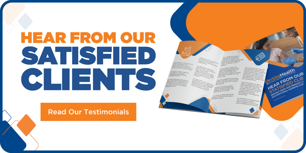 20250708_OSH_TestimonialCTAV02 • OnSite Health Promotional banner inviting viewers to read testimonials, with bold orange and blue text and a brochure image on the right.