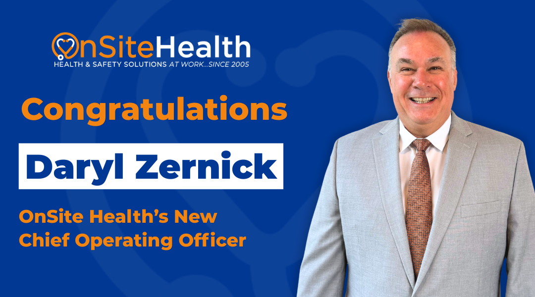 OnSite Health banner announcing the new Chief Operating Officer with a smiling man in a gray suit on a blue background.