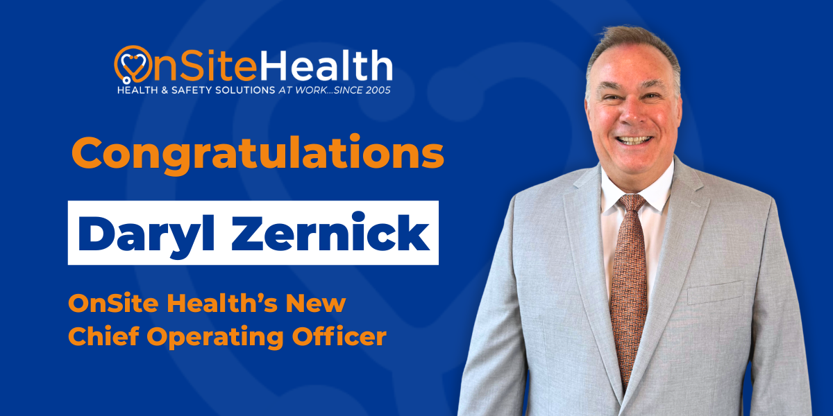 OnSite Health banner announcing the new Chief Operating Officer with a smiling man in a gray suit on a blue background.