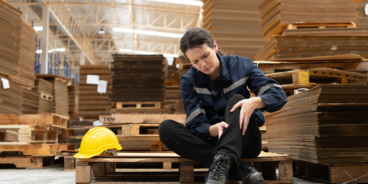 Warehouse worker sits on a pallet in a large facility, clutching her knee in pain, with a yellow hard hat beside her.
